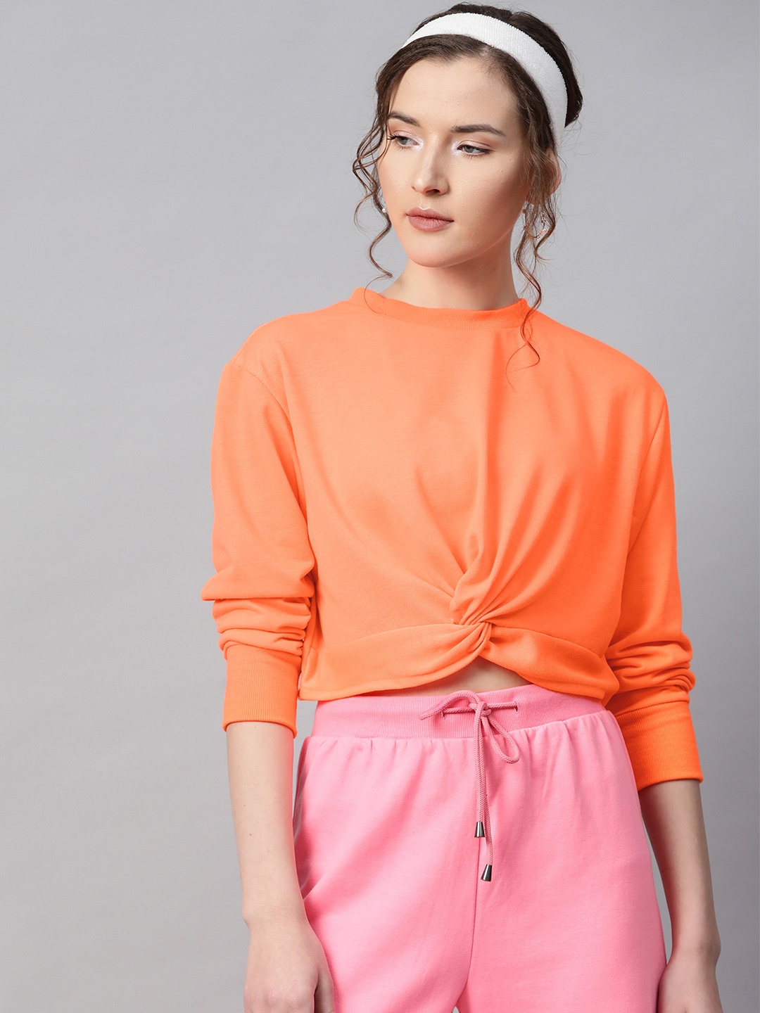 

SASSAFRAS Women Neon Orange Solid Twisted Knot Crop Sweatshirts
