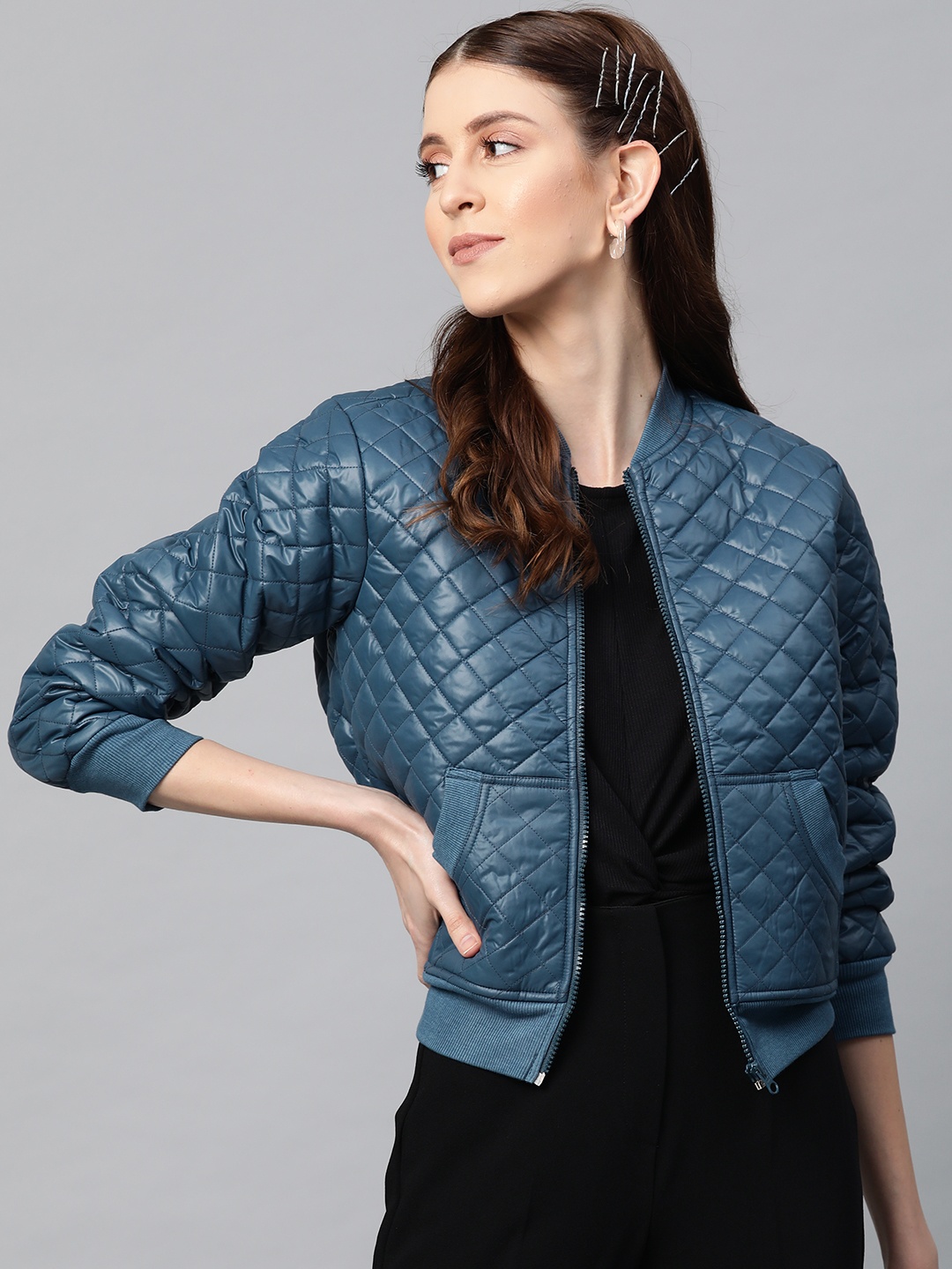 

SASSAFRAS Women Teal Blue Solid Quilted Jacket