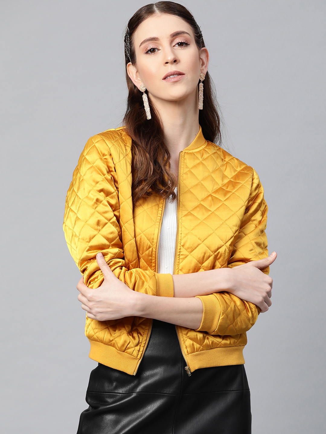 

SASSAFRAS Women Mustard Yellow Solid Quilted Jacket