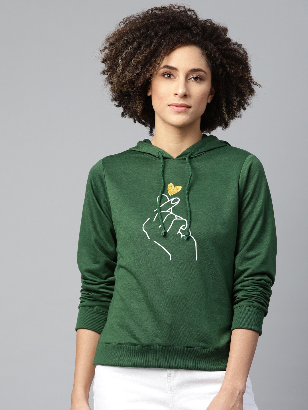 

SASSAFRAS Women Green & White Printed Hooded Sweatshirt