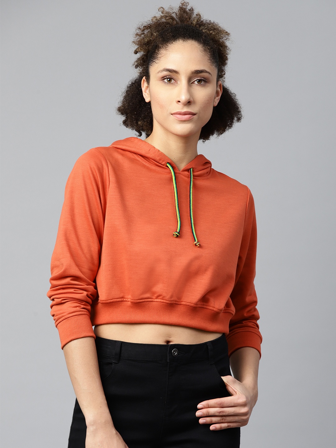 

SASSAFRAS Women Rust Orange Solid Hooded Cropped Sweatshirt