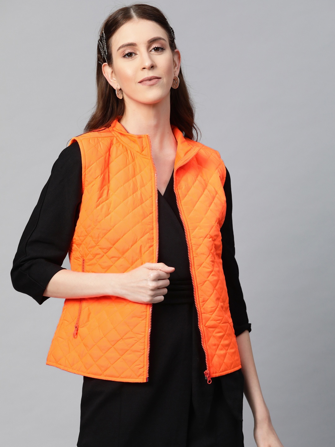 

SASSAFRAS Women Neon Orange Solid Quilted Jacket