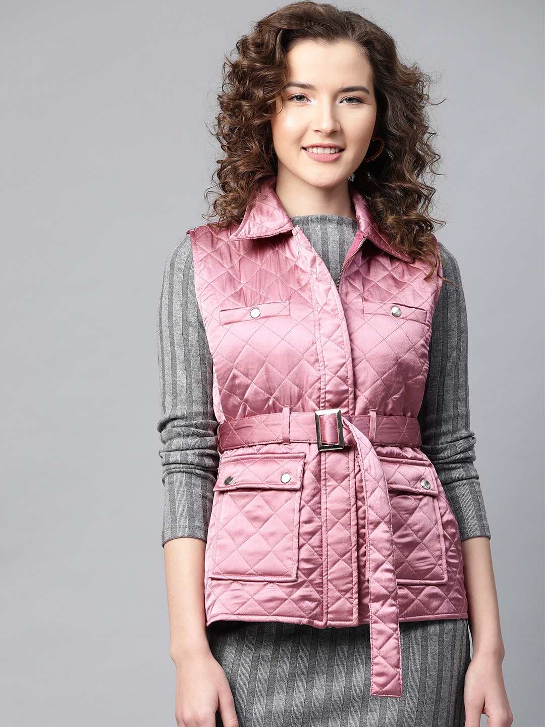 

SASSAFRAS Women Pink Solid Satin Finish Quilted Jacket