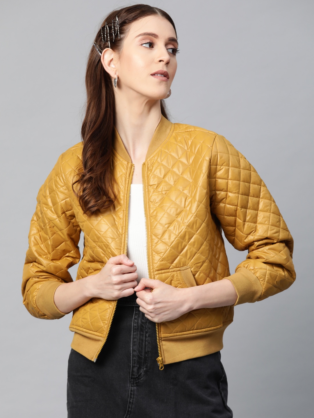

SASSAFRAS Women Mustard Yellow Solid Quilted Jacket