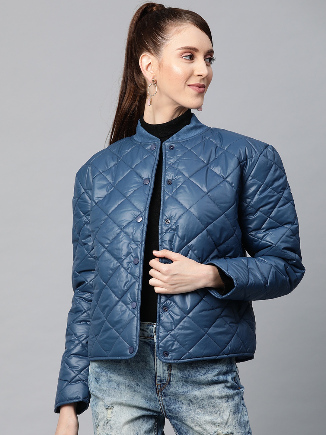 

SASSAFRAS Women Teal Blue Solid Quilted Jacket