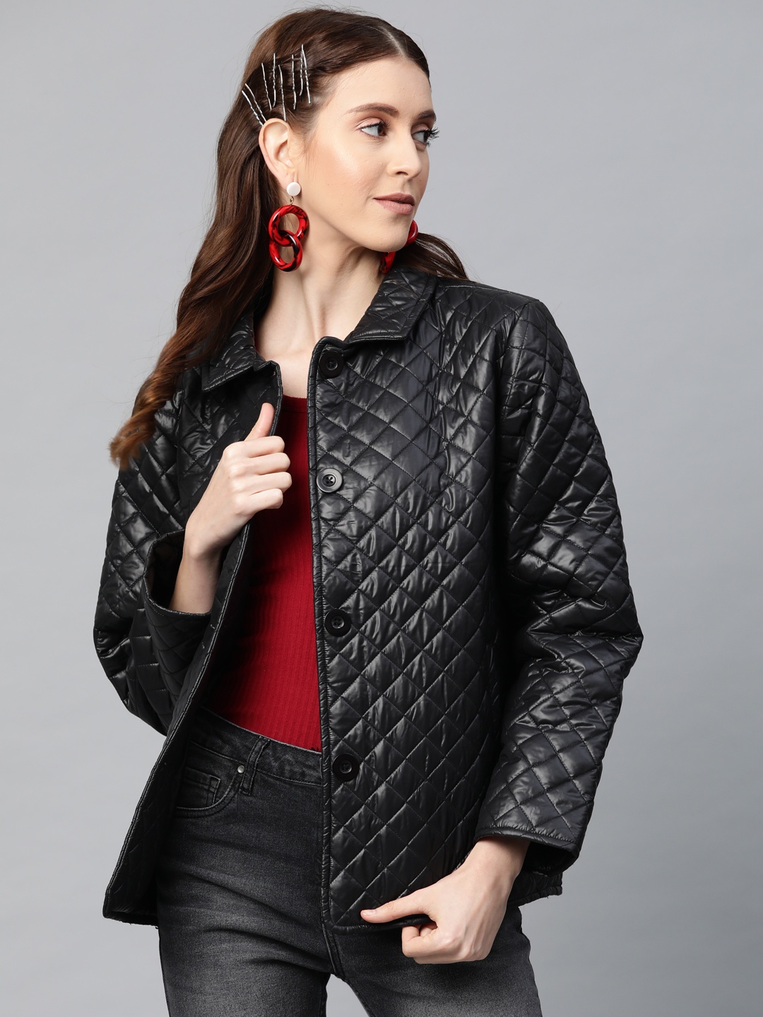 

SASSAFRAS Women Black Solid Quilted Jacket