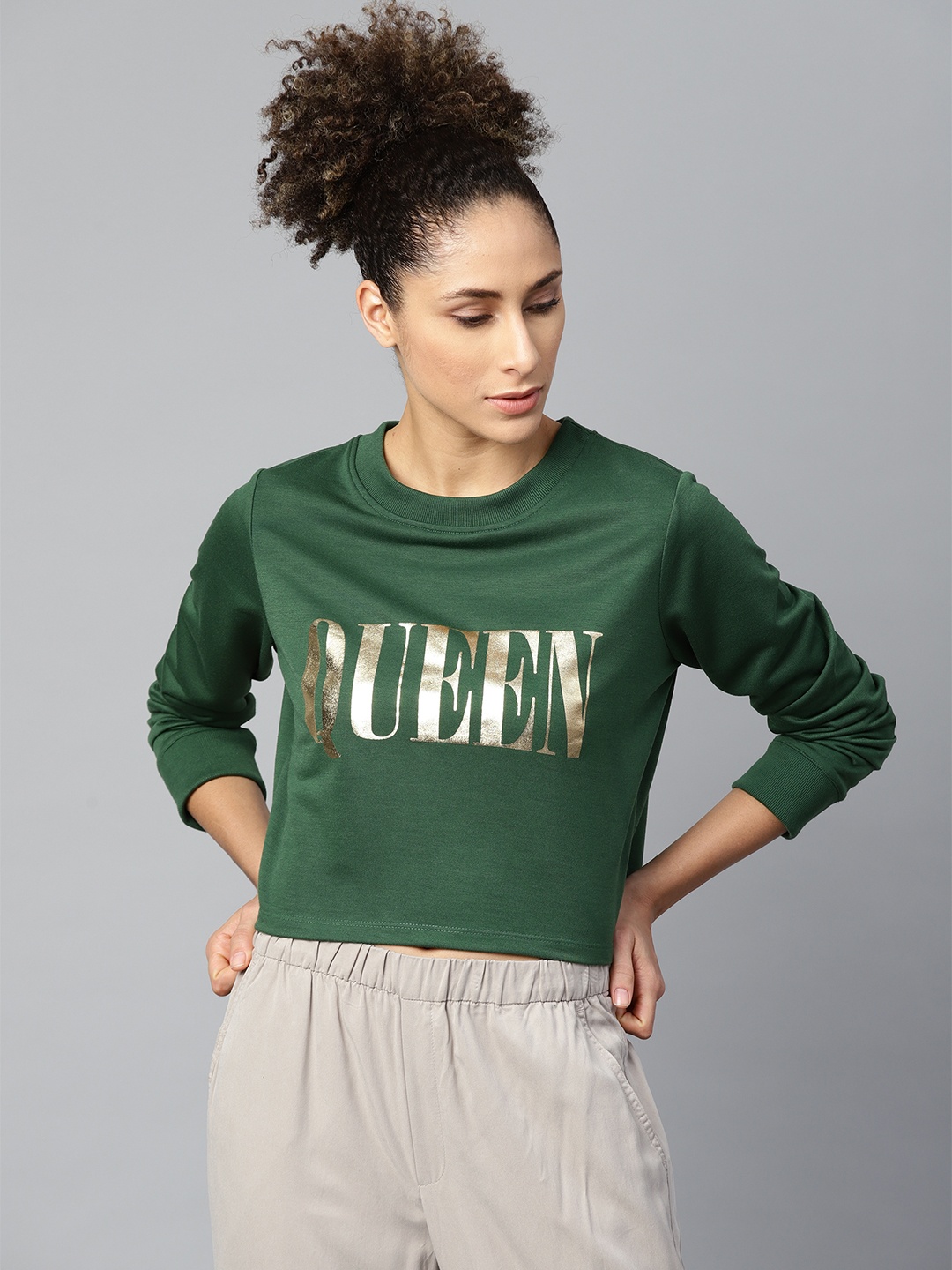 

SASSAFRAS Women Olive Green & Golden Printed Sweatshirt