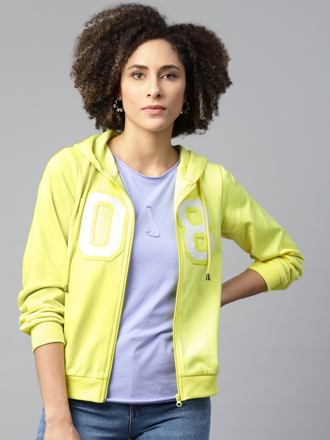 

SASSAFRAS Women Yellow & White Solid Hooded Sweatshirt with Applique Detail