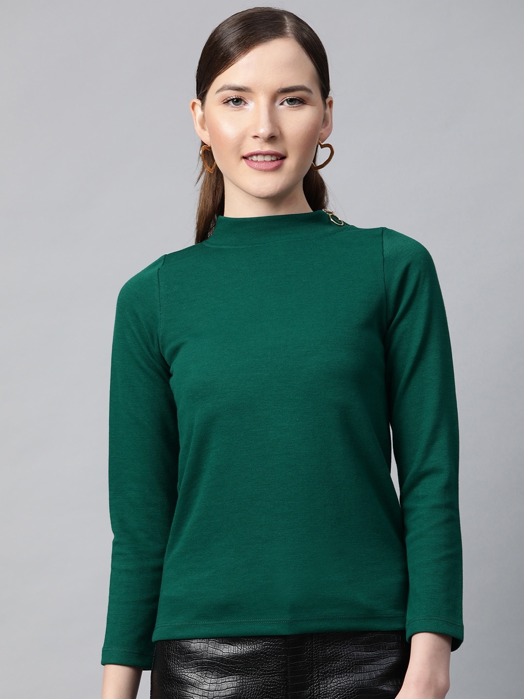 

SASSAFRAS Women Green Ribbed High Neck Top