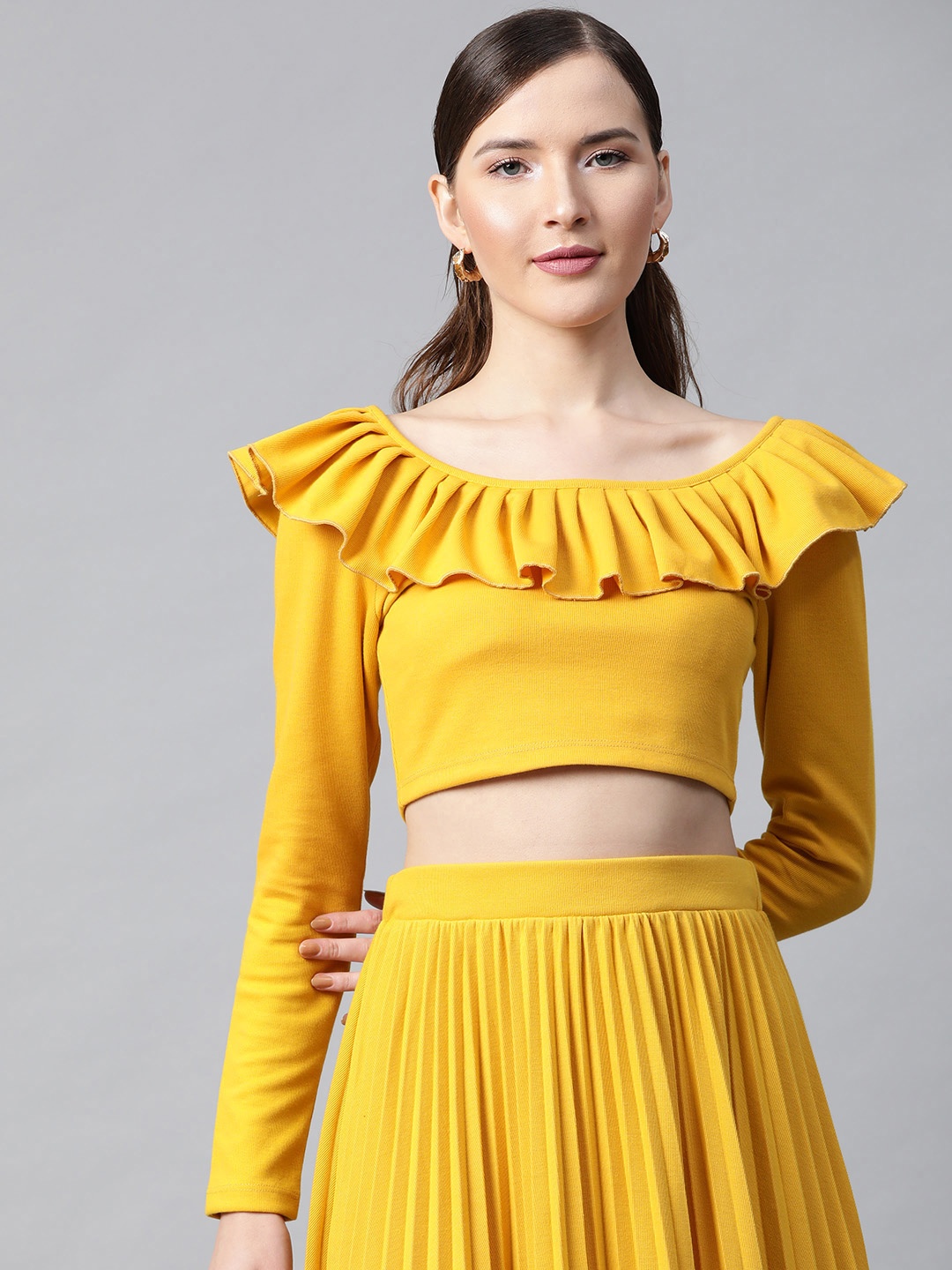 

SASSAFRAS Women Mustard Yellow Ribbed Ruffled Neck Crop Top