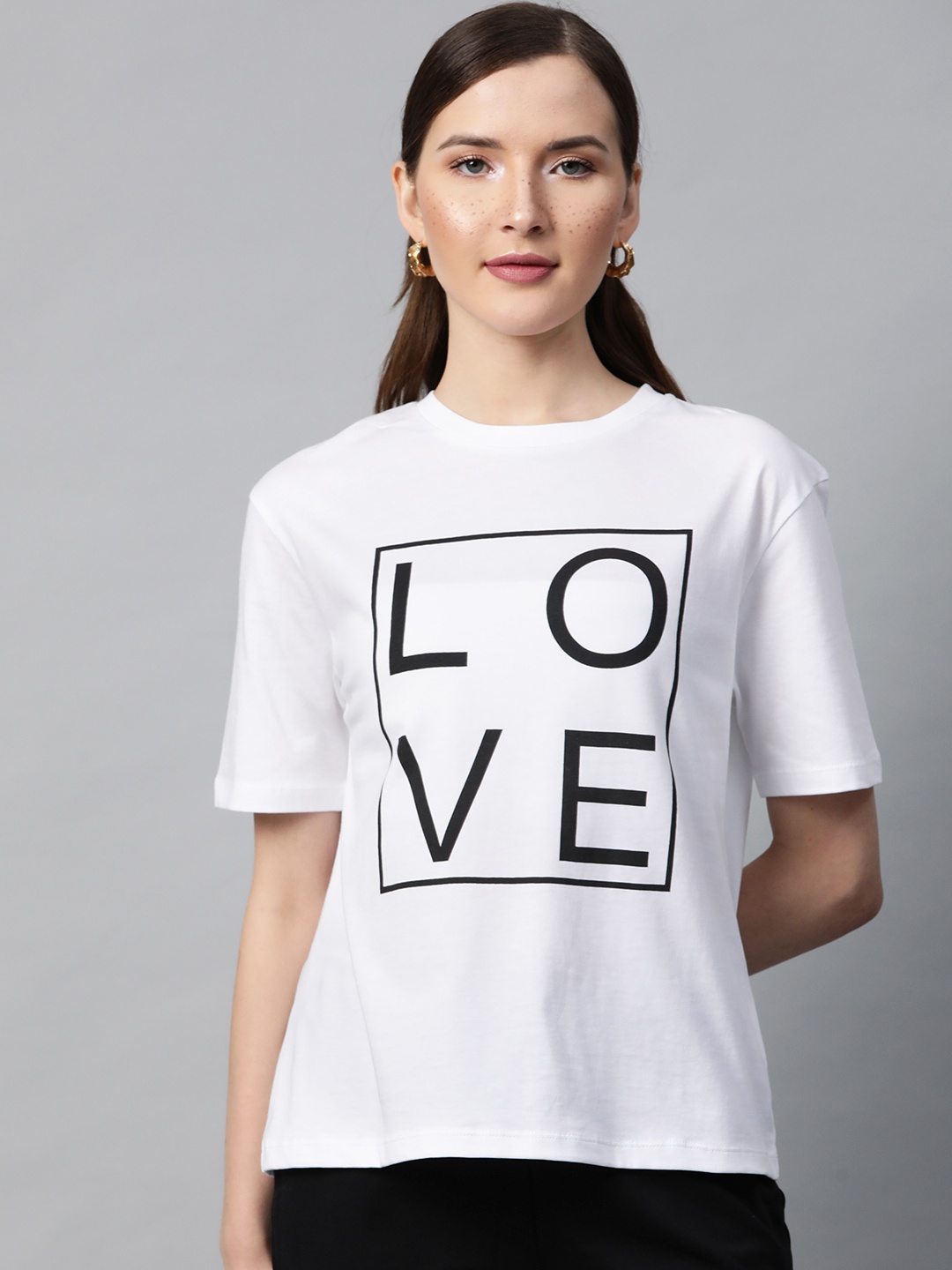 

SASSAFRAS Women White Love Print Round Neck T-shirt