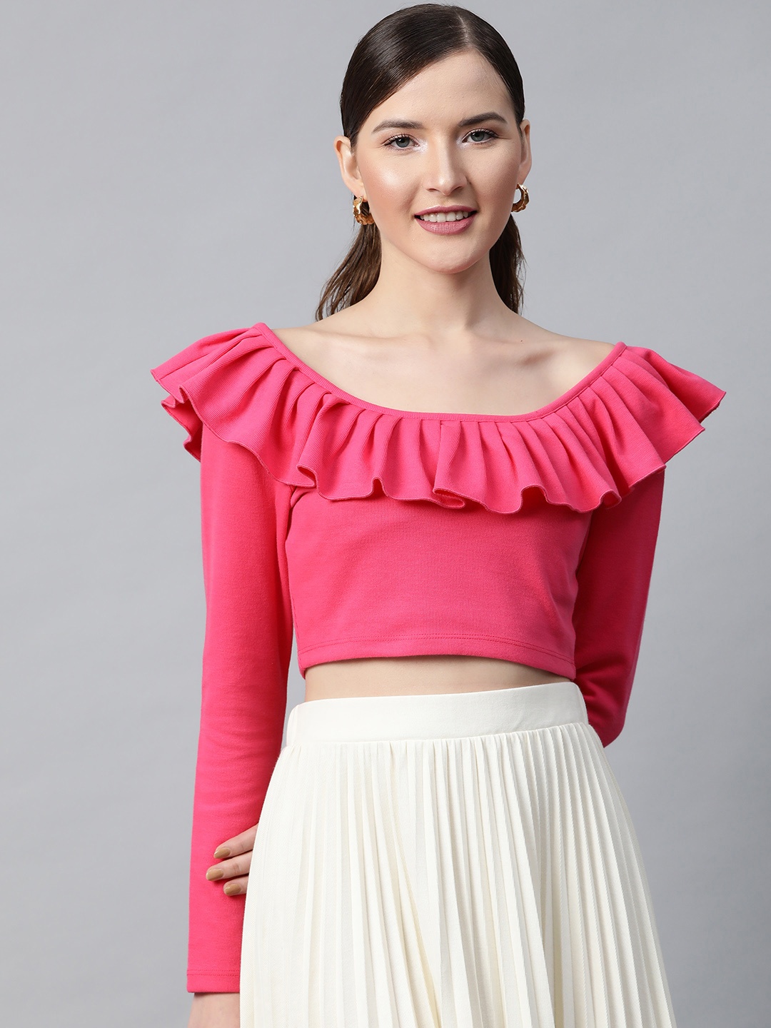 

SASSAFRAS Women Fuchsia Ribbed Ruffled Neck Crop Top