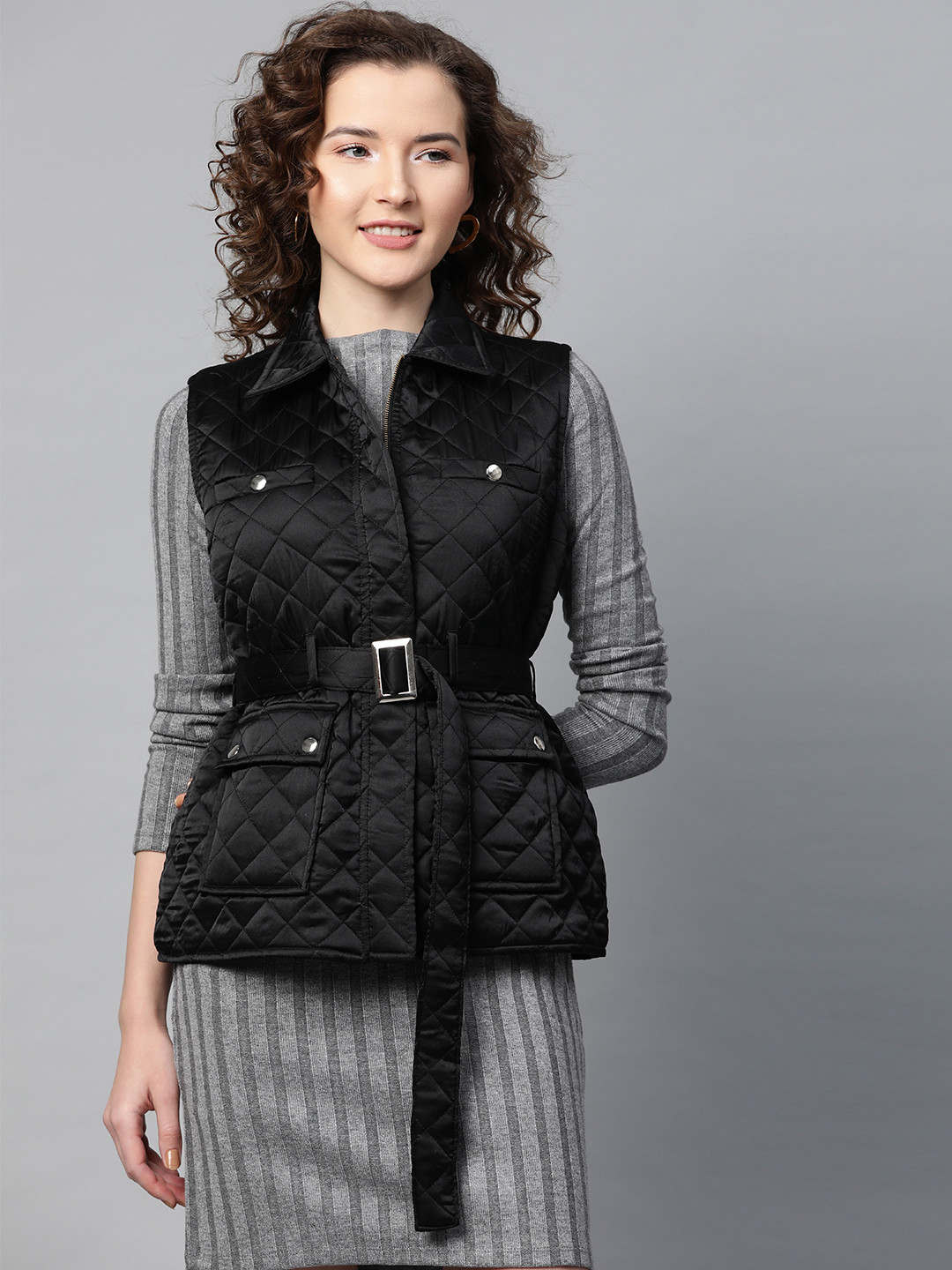 

SASSAFRAS Women Black Solid Satin Finish Quilted Jacket