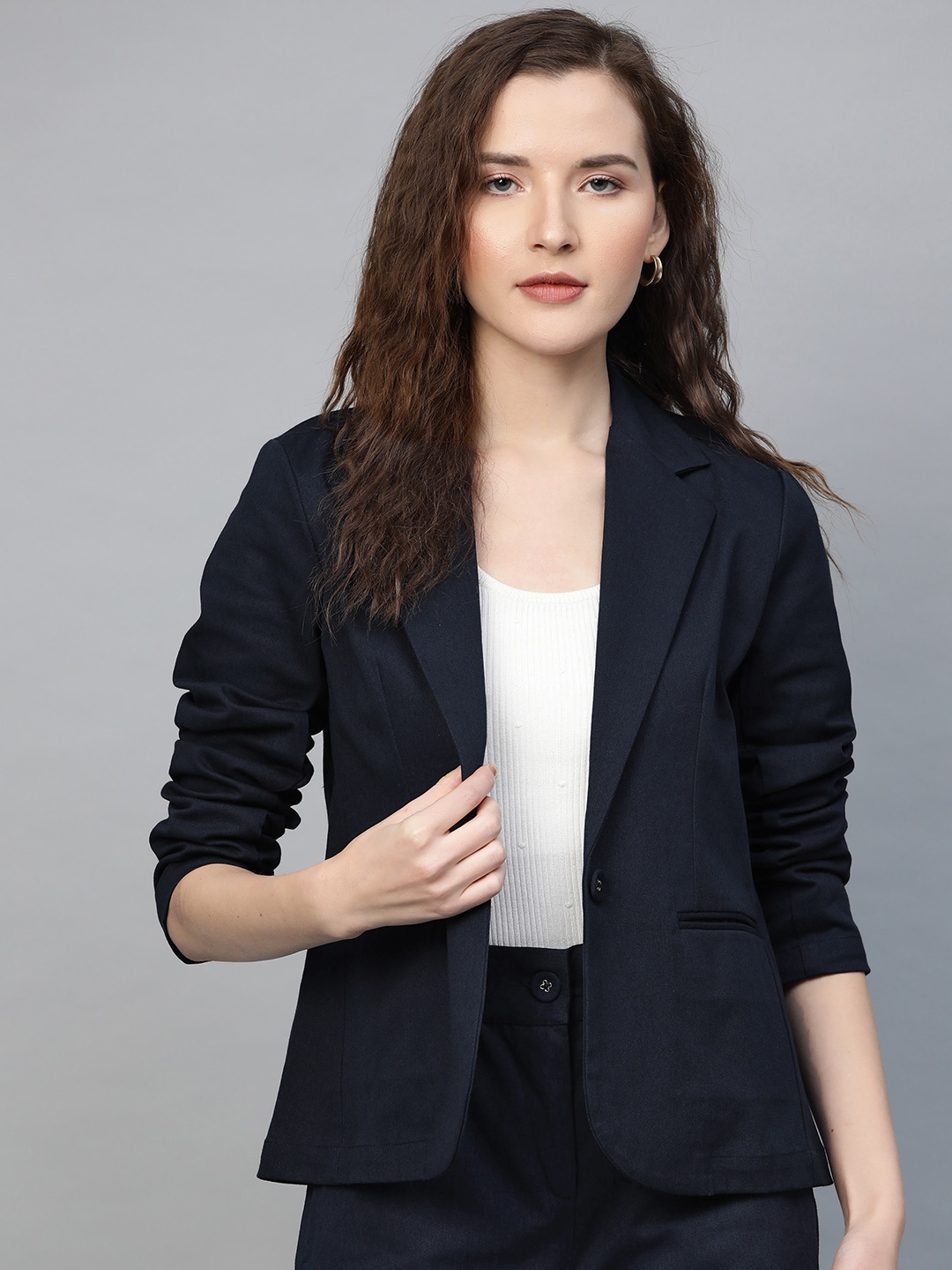 

SASSAFRAS Women Navy Solid Single-Breasted Slim Fit Smart Casual Blazer, Navy blue
