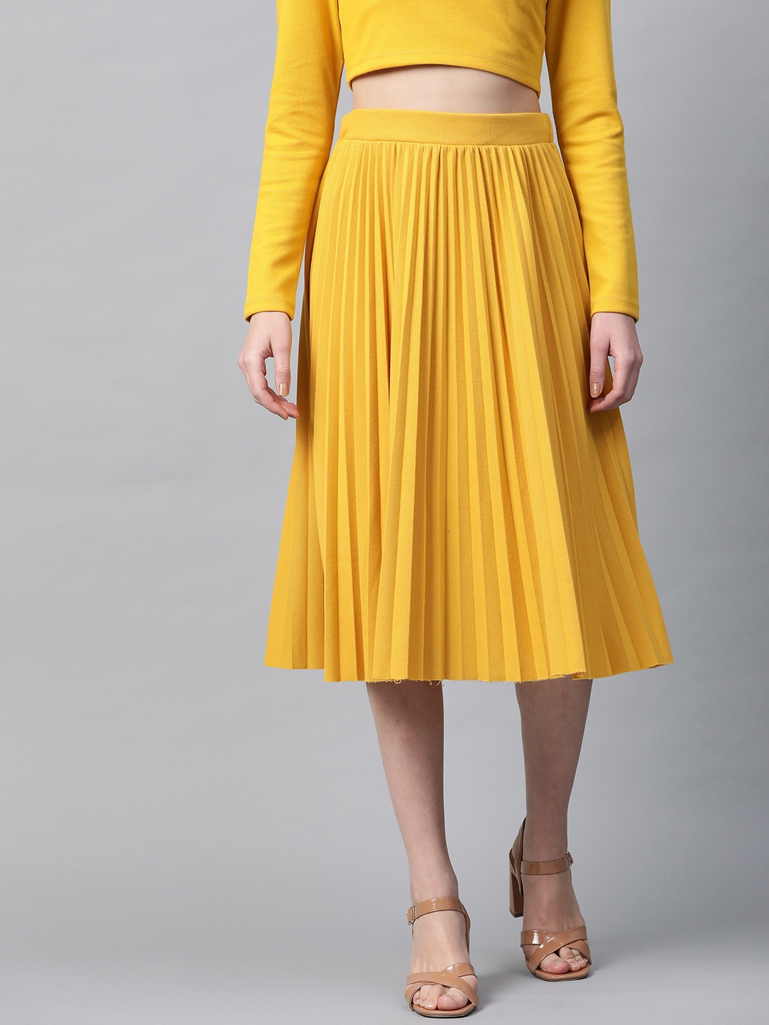 

SASSAFRAS Women Mustard Yellow Accordian Pleated A-Line Skirt