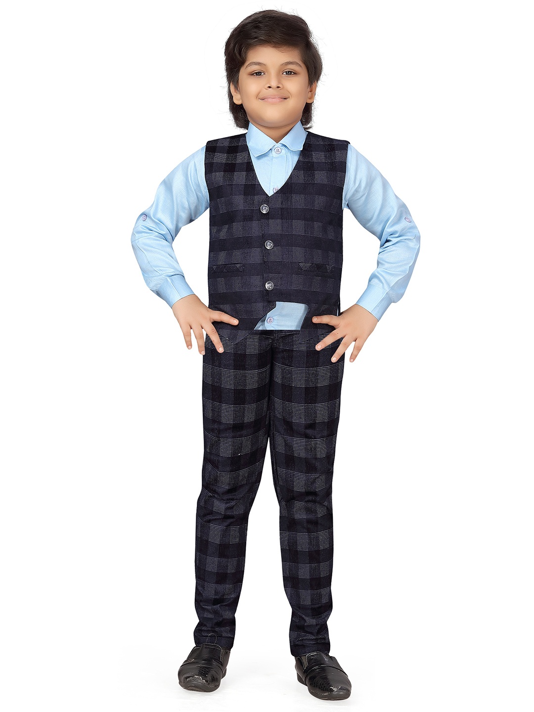 

Aj DEZInES Boys Blue Solid Shirt with Trousers, Navy blue