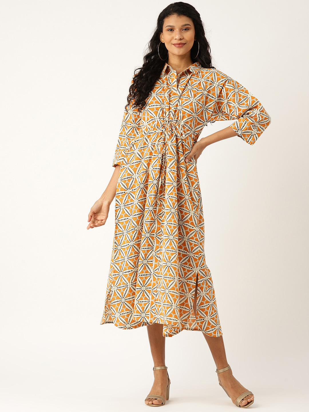 

Shae by SASSAFRAS Women Mustard Yellow & Off-White Printed Shirt Dress