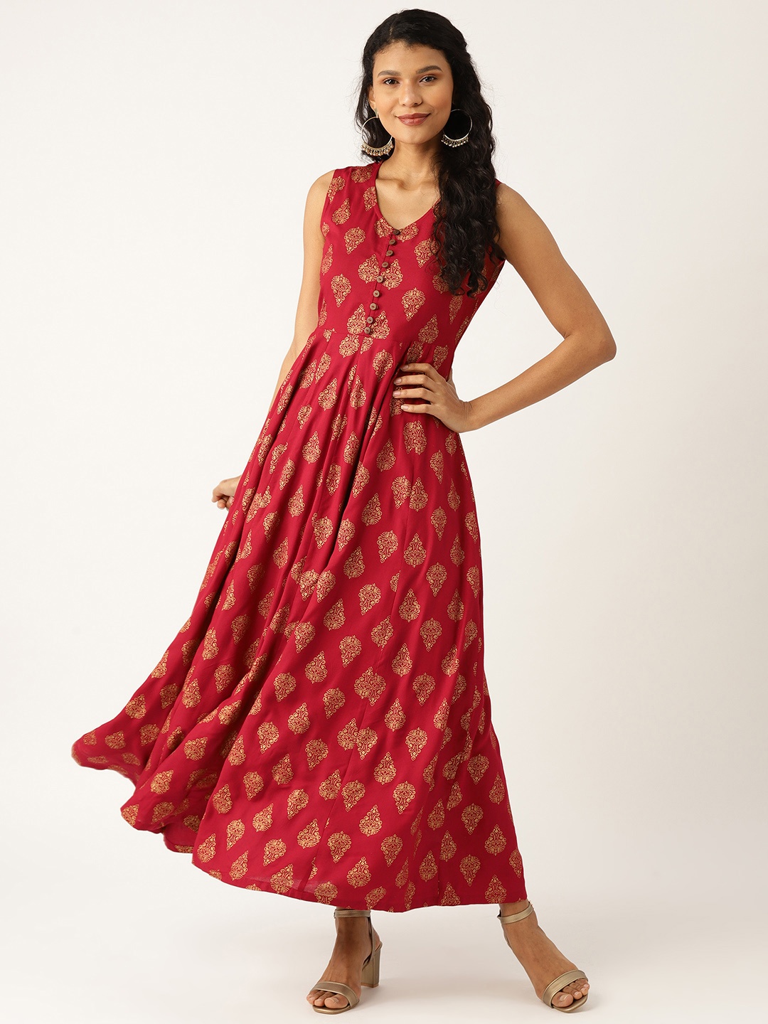 

Shae by SASSAFRAS Women Maroon & Golden Foil Print Maxi Dress