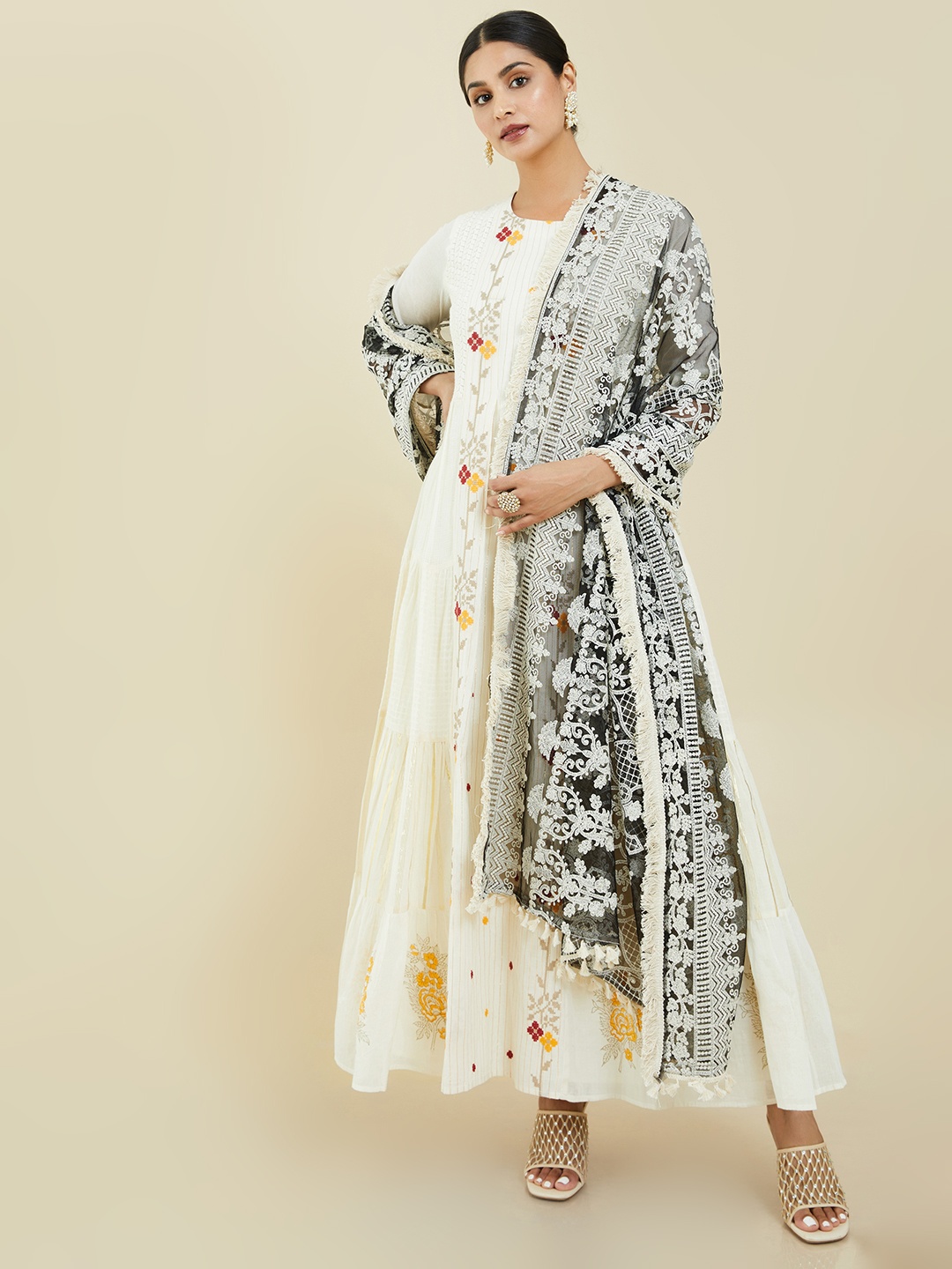 

Soch Black & White Embroidered Net Dupatta