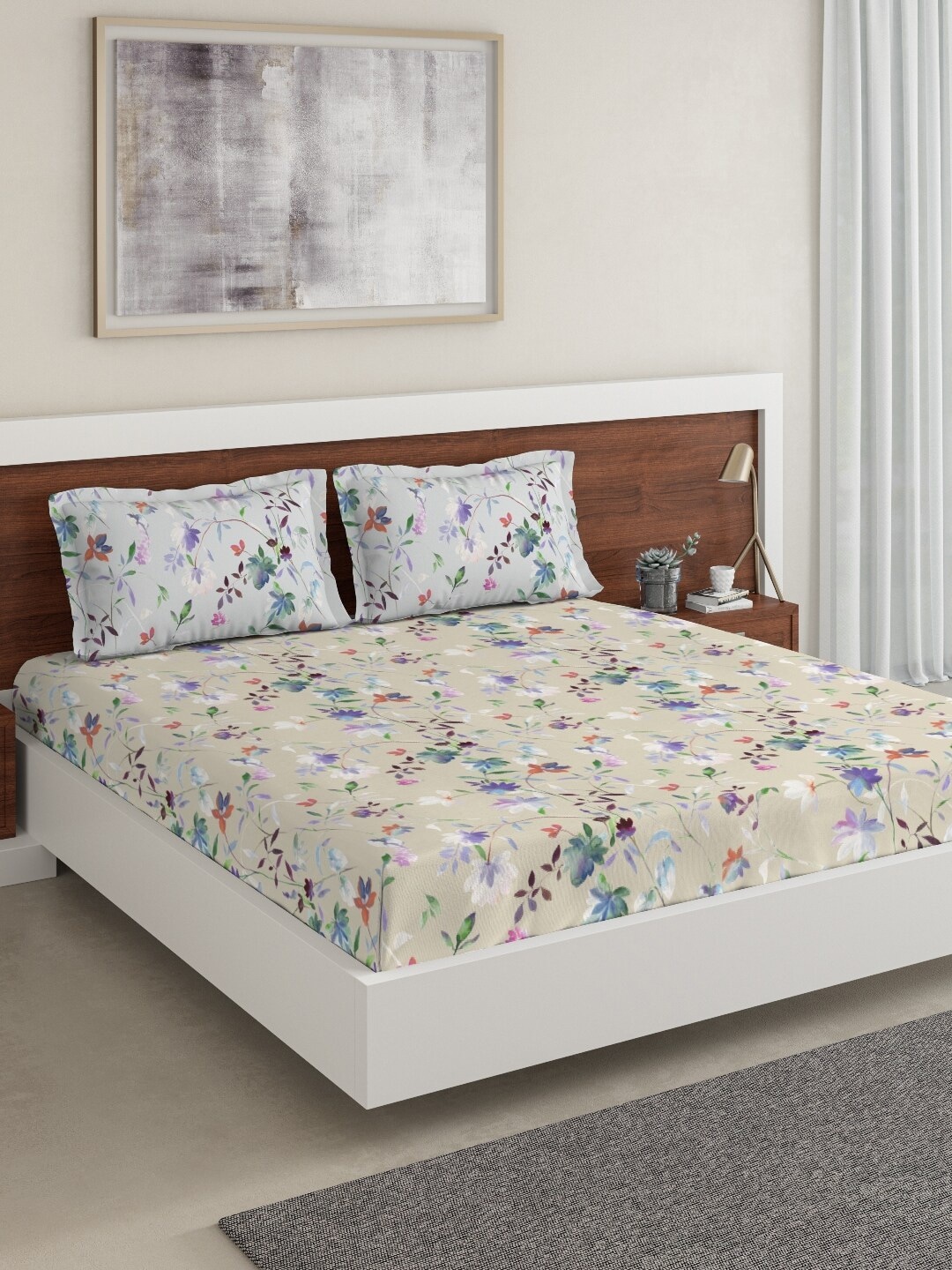 

DDecor Beige & Green Floral 144 TC Cotton 1 Queen Bedsheet with 2 Pillow Covers