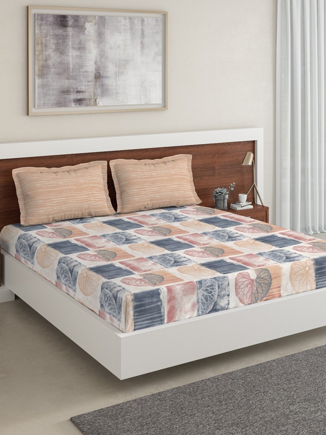 

DDecor Pink & Blue Geometric 150 TC Cotton 1 King Bedsheet with 2 Pillow Covers