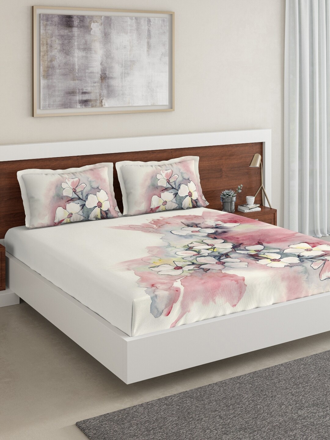 

DDecor Off-White & Red Floral 144 TC Cotton 1 King Bedsheet with 2 Pillow Covers