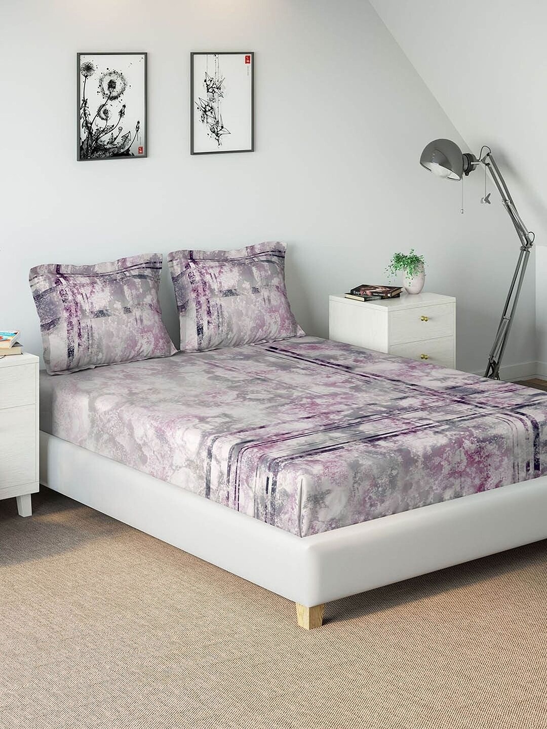 

DDecor Purple & Off-White Floral 144 TC Cotton 1 King Bedsheet with 2 Pillow Covers