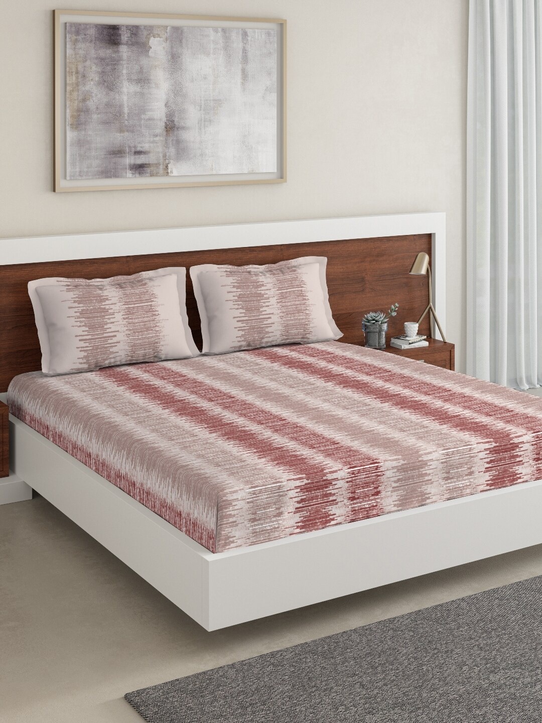 

DDecor Red & Beige Striped 144 TC Cotton 1 Queen Bedsheet with 2 Pillow Covers