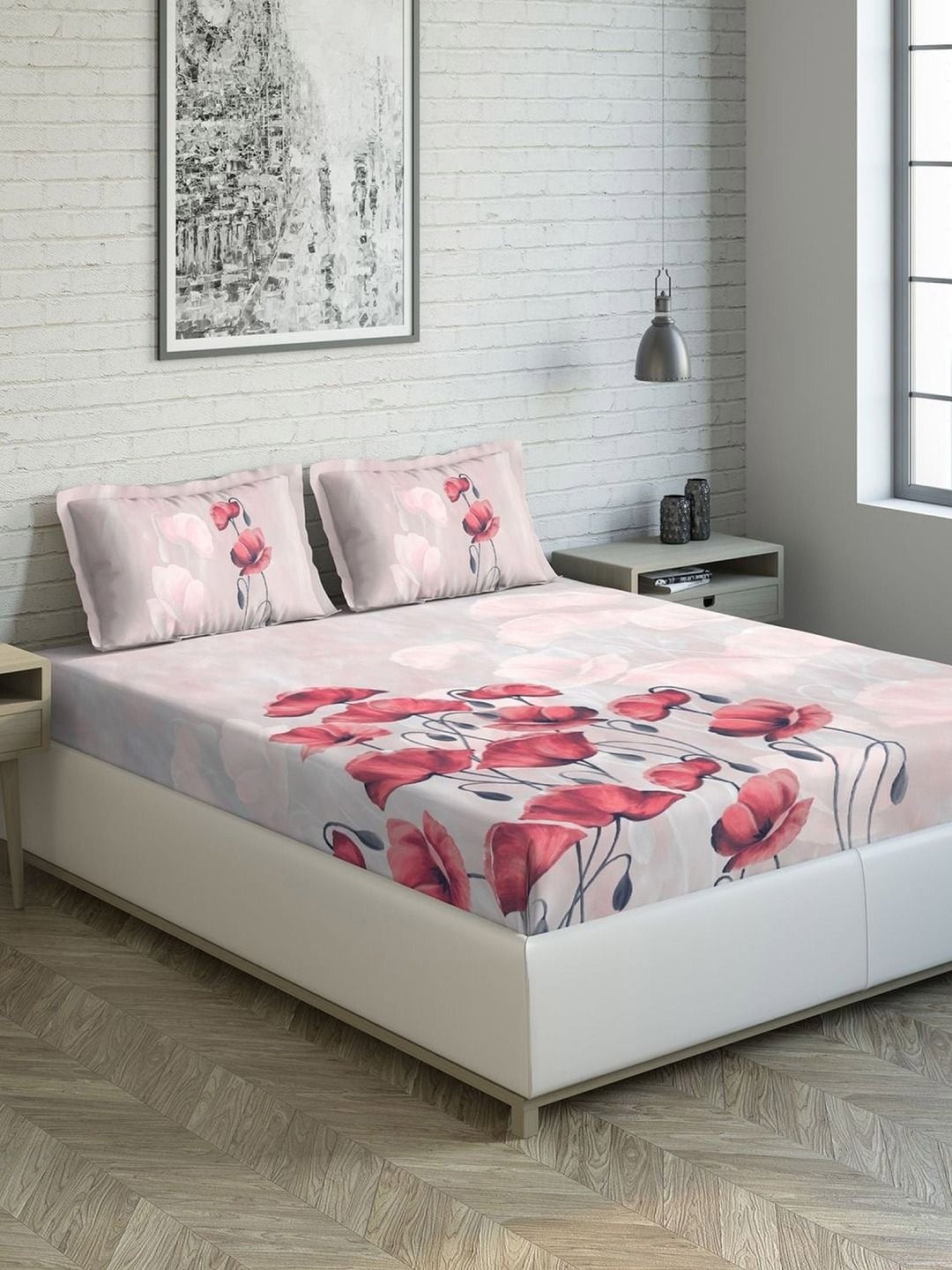 

DDecor Beige & Red Floral 144 TC Cotton 1 King Bedsheet with 2 Pillow Covers