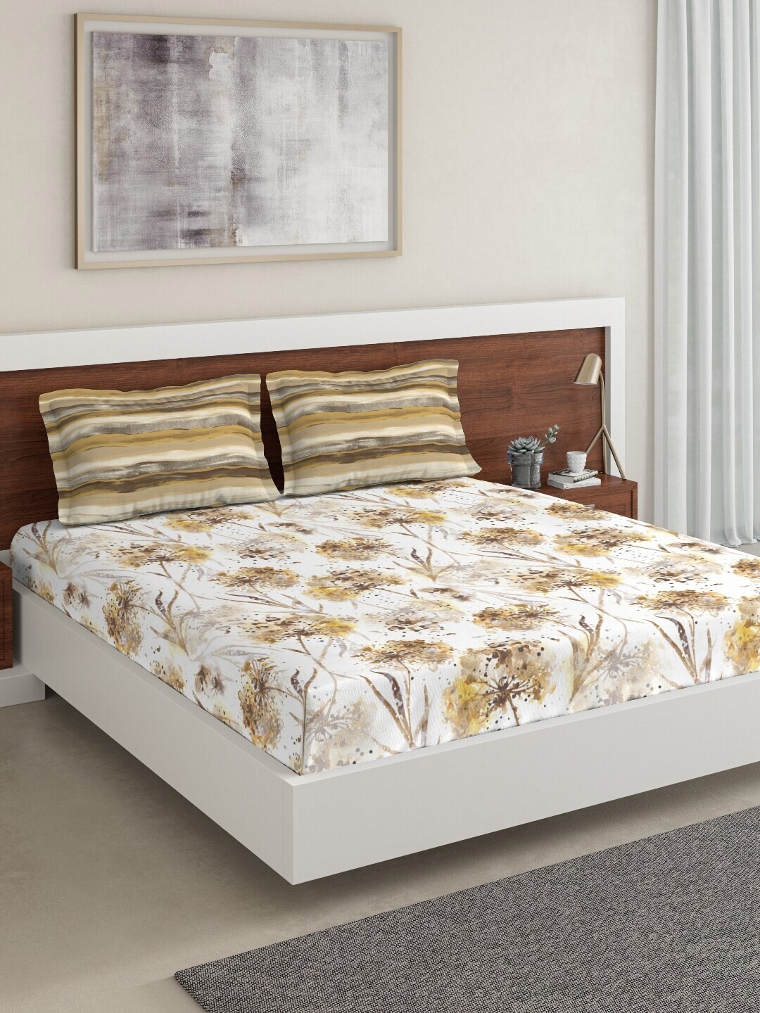 

DDecor Beige & White Floral 144 TC Cotton 1 Queen Bedsheet with 2 Pillow Covers