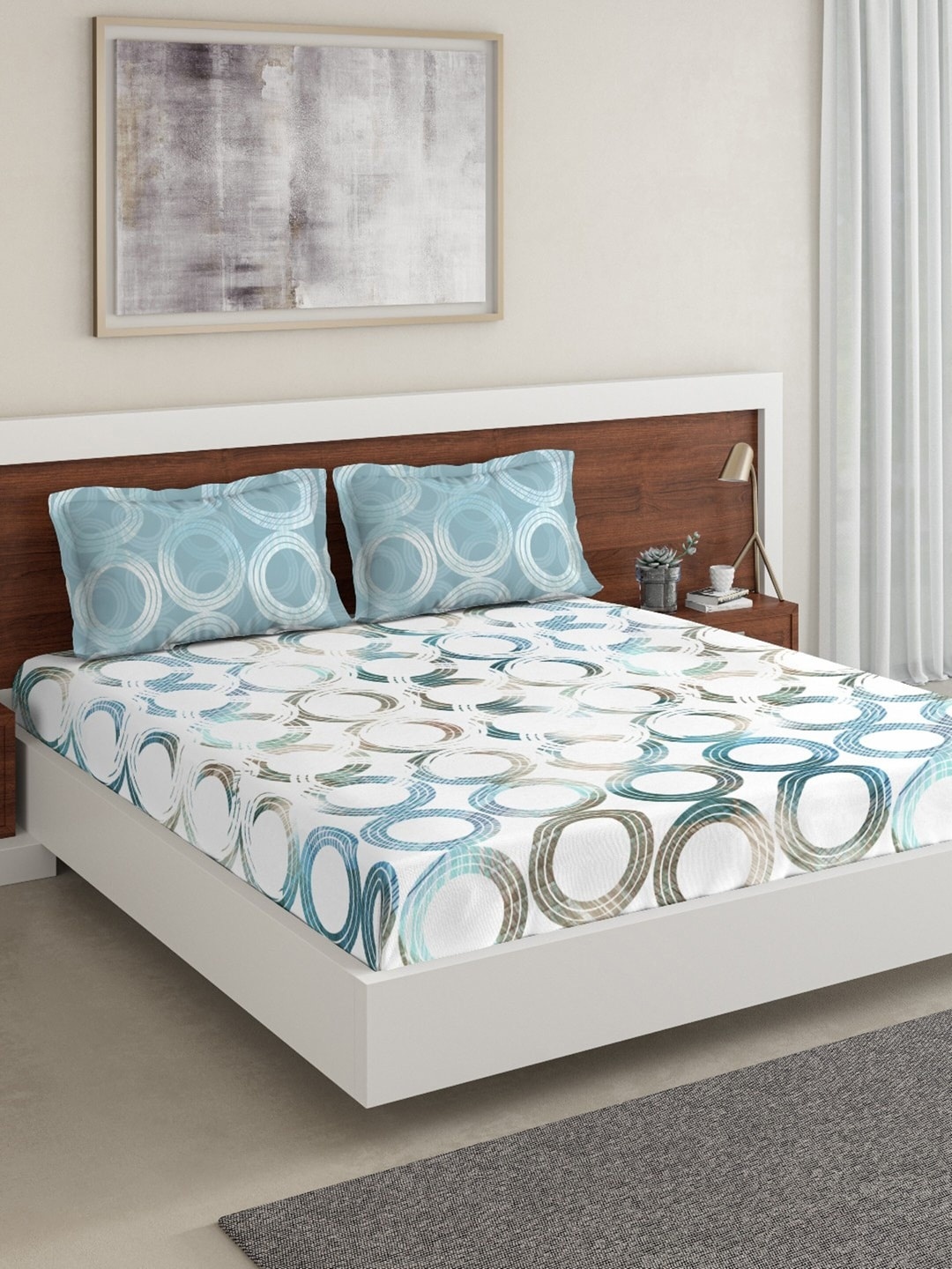 DDecor Blue & White Geometric 144 TC Cotton 1 Queen Bedsheet with 2 Pillow Covers