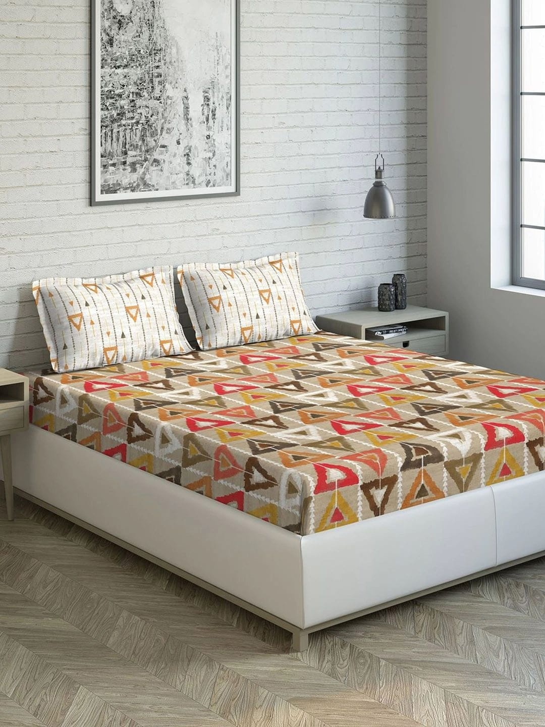

DDecor Brown & White Geometric 144 TC Cotton 1 King Bedsheet with 2 Pillow Covers
