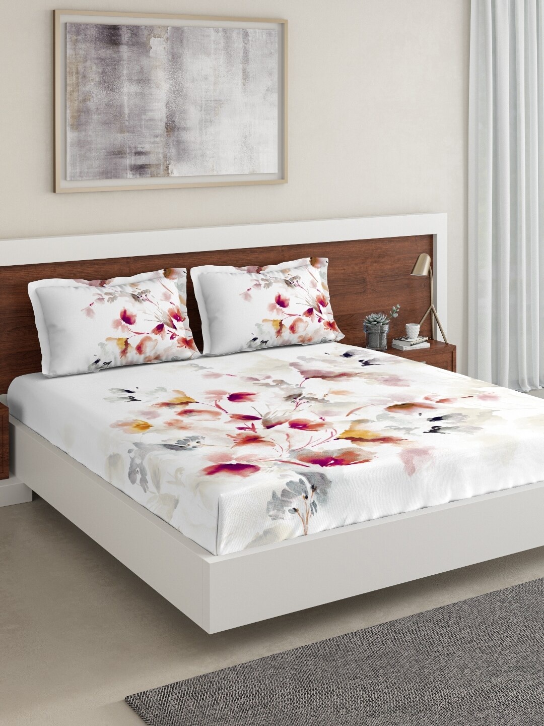 DDecor White & Red Floral 144 TC Cotton 1 King Bedsheet with 2 Pillow Covers