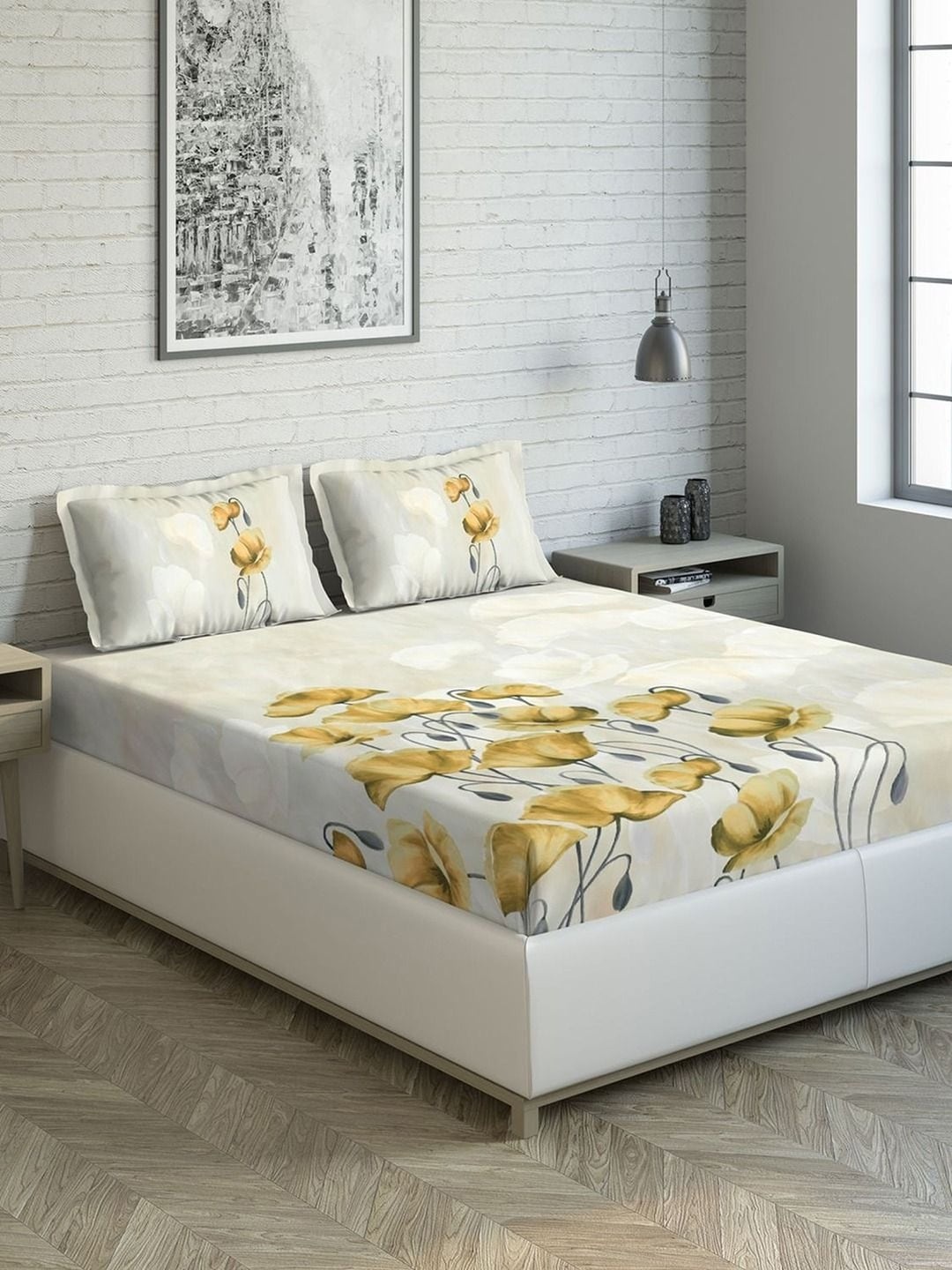 

DDecor Yellow & Beige Floral 144 TC Cotton 1 King Bedsheet with 2 Pillow Covers