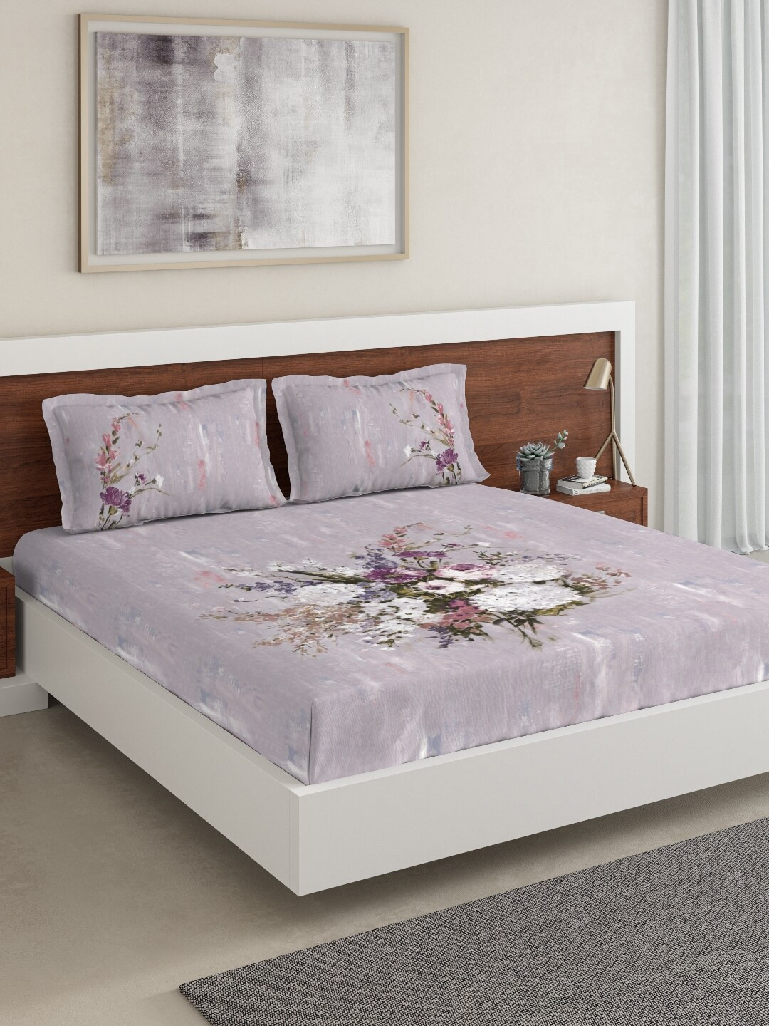 

DDecor Lavender & White Floral 180 TC Cotton 1 King Bedsheet with 2 Pillow Covers