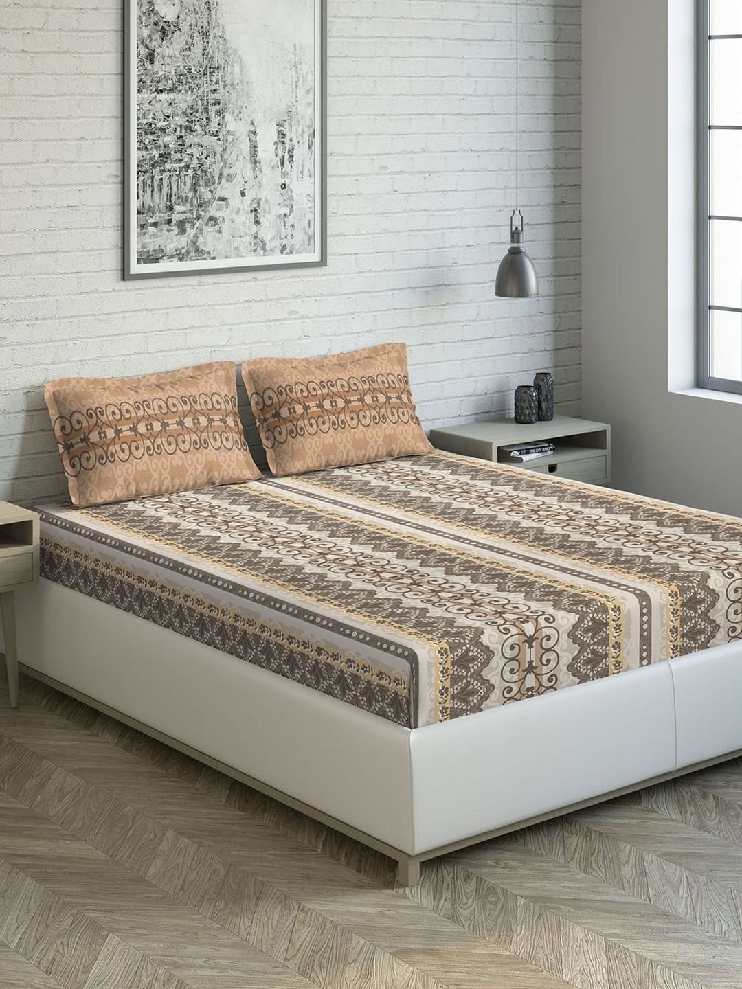 

DDecor Brown & Beige Ethnic Motifs 144 TC Cotton 1 King Bedsheet with 2 Pillow Covers