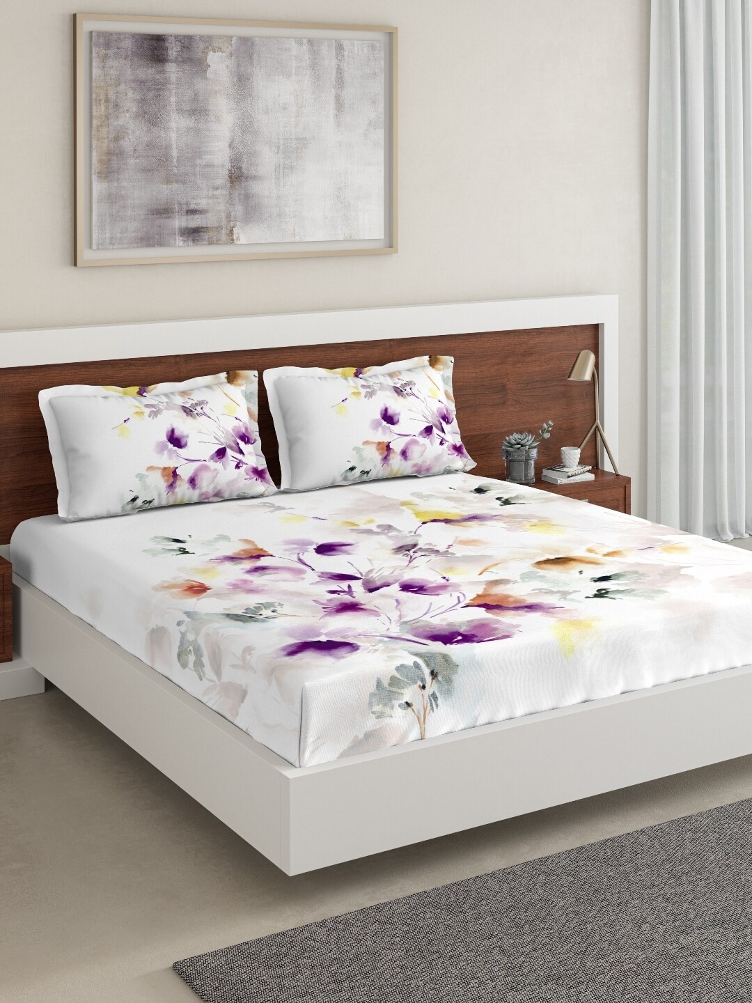DDecor White & Purple Floral 144 TC Cotton 1 King Bedsheet with 2 Pillow Covers