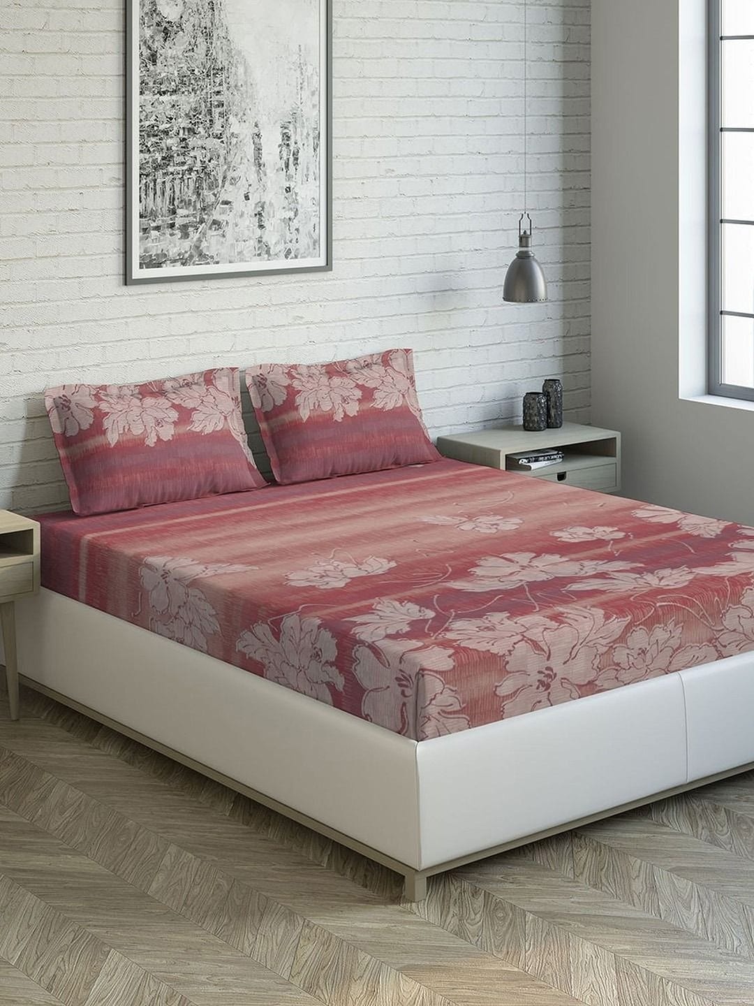 

DDecor Red Floral 144 TC Cotton 1 King Bedsheet with 2 Pillow Covers