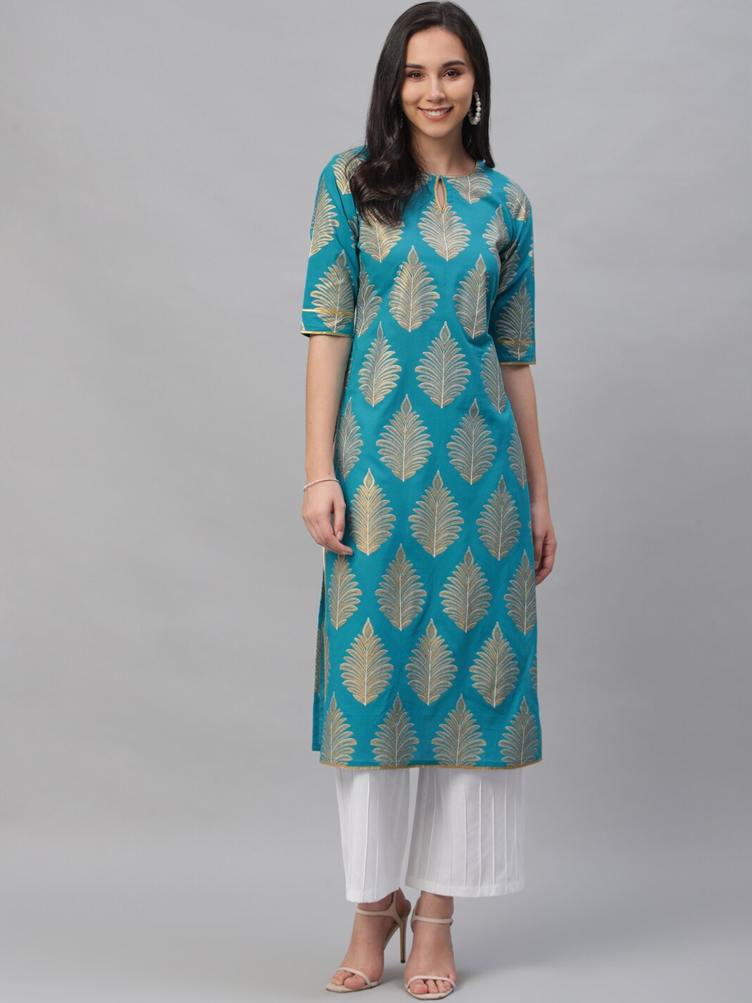 

Libas Women Blue & Gold-Toned Printed Straight Kurta