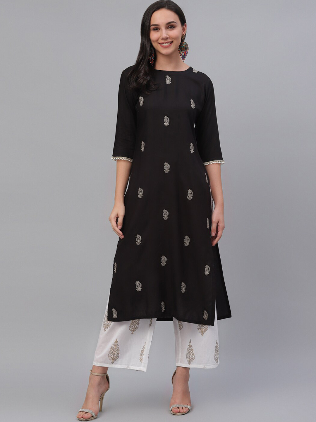 

Libas Women Black & Off-White Embroidered Straight Kurta