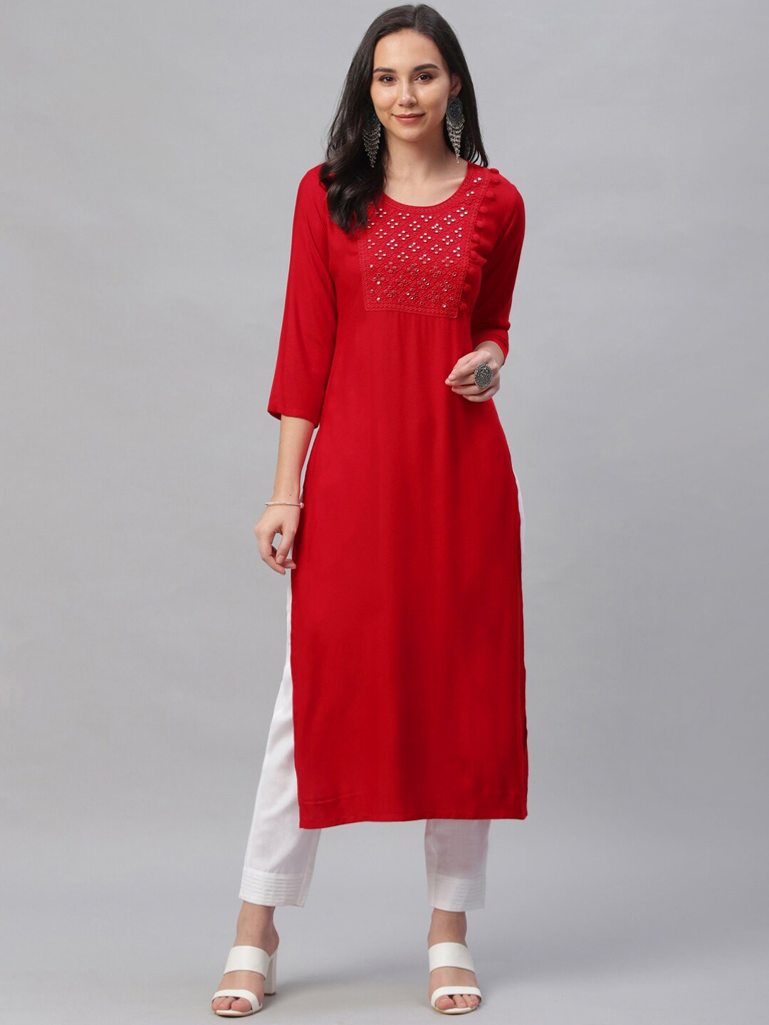 

Libas Women Red Embroidered Straight Kurta