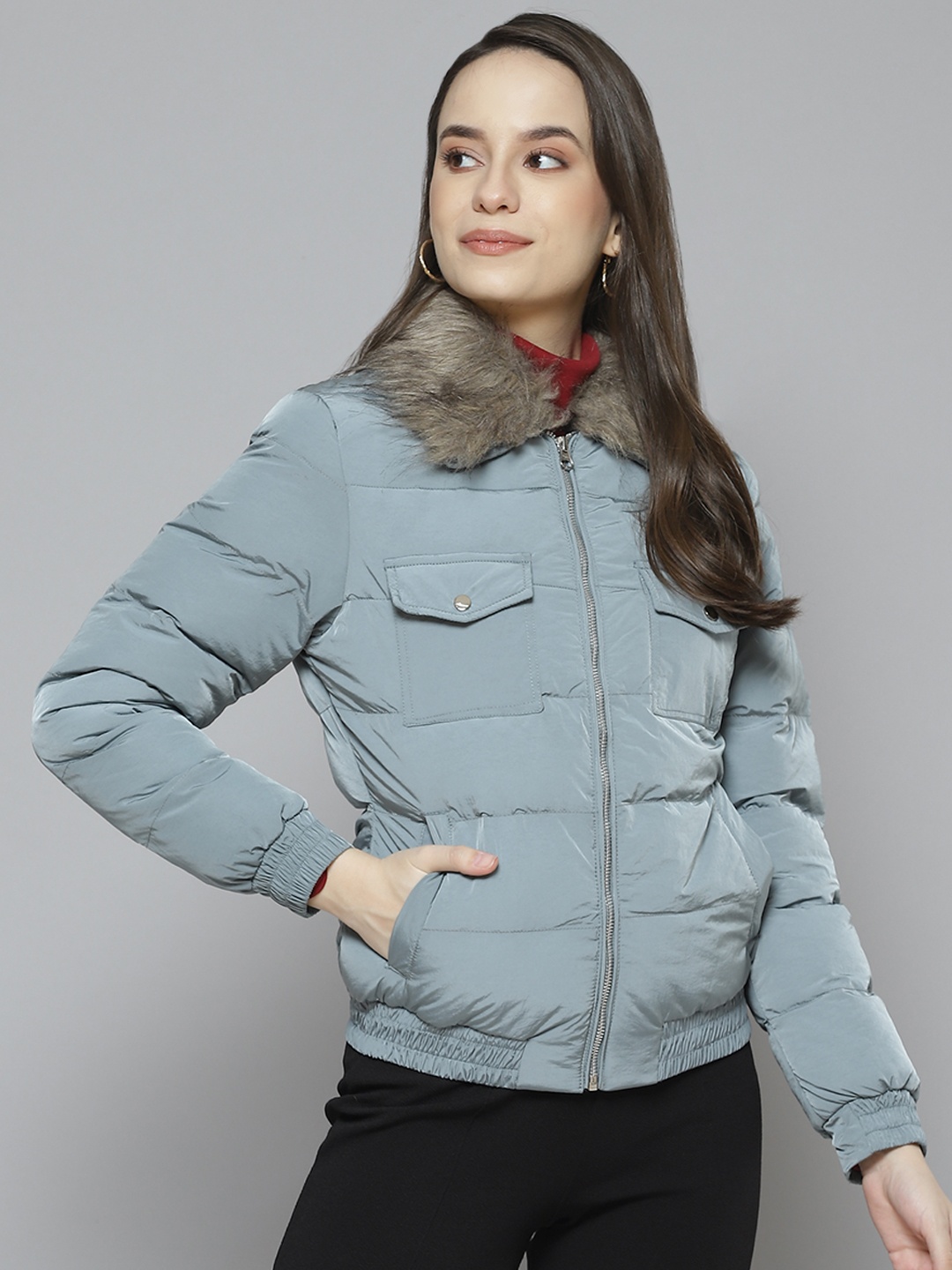 

Fort Collins Women Blue Solid Bomber Jacket with Faux Fur Trim