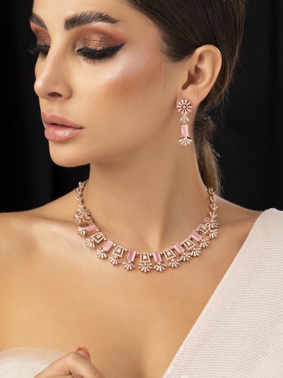 

Rubans Rose Gold-Plated Pink & White CZ-Studded Handcrafted Jewellery Set