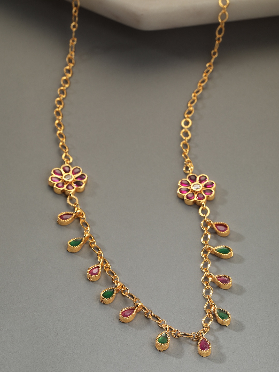 

Rubans 22K Gold Plated Handcrafted Ruby Stone Chain Necklace