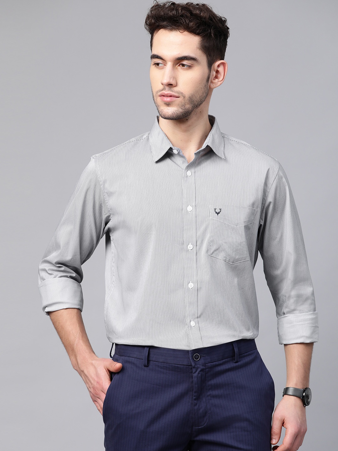 

Allen Solly Men Grey & Black Sport Fit Striped Casual Shirt