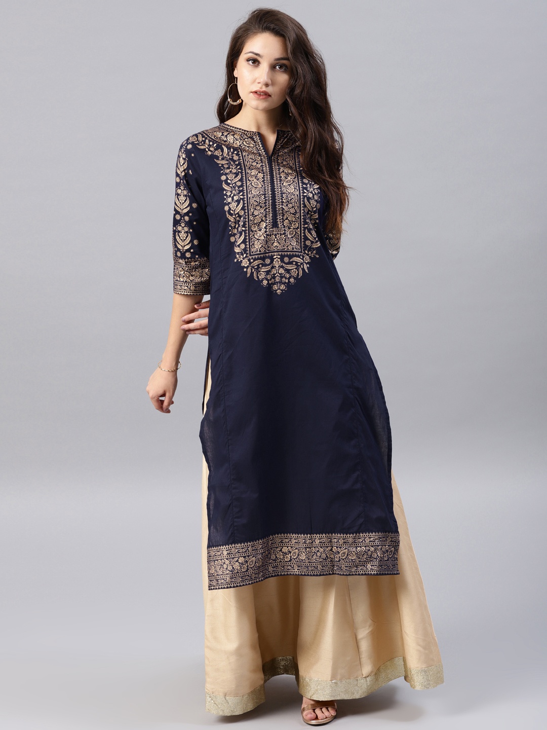 

Vishudh Navy Printed A-Line Kurta, Navy blue