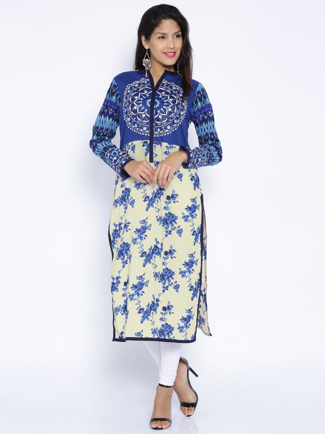

Vishudh Women Navy Blue & Cream-Coloured Floral Print Straight Kurta