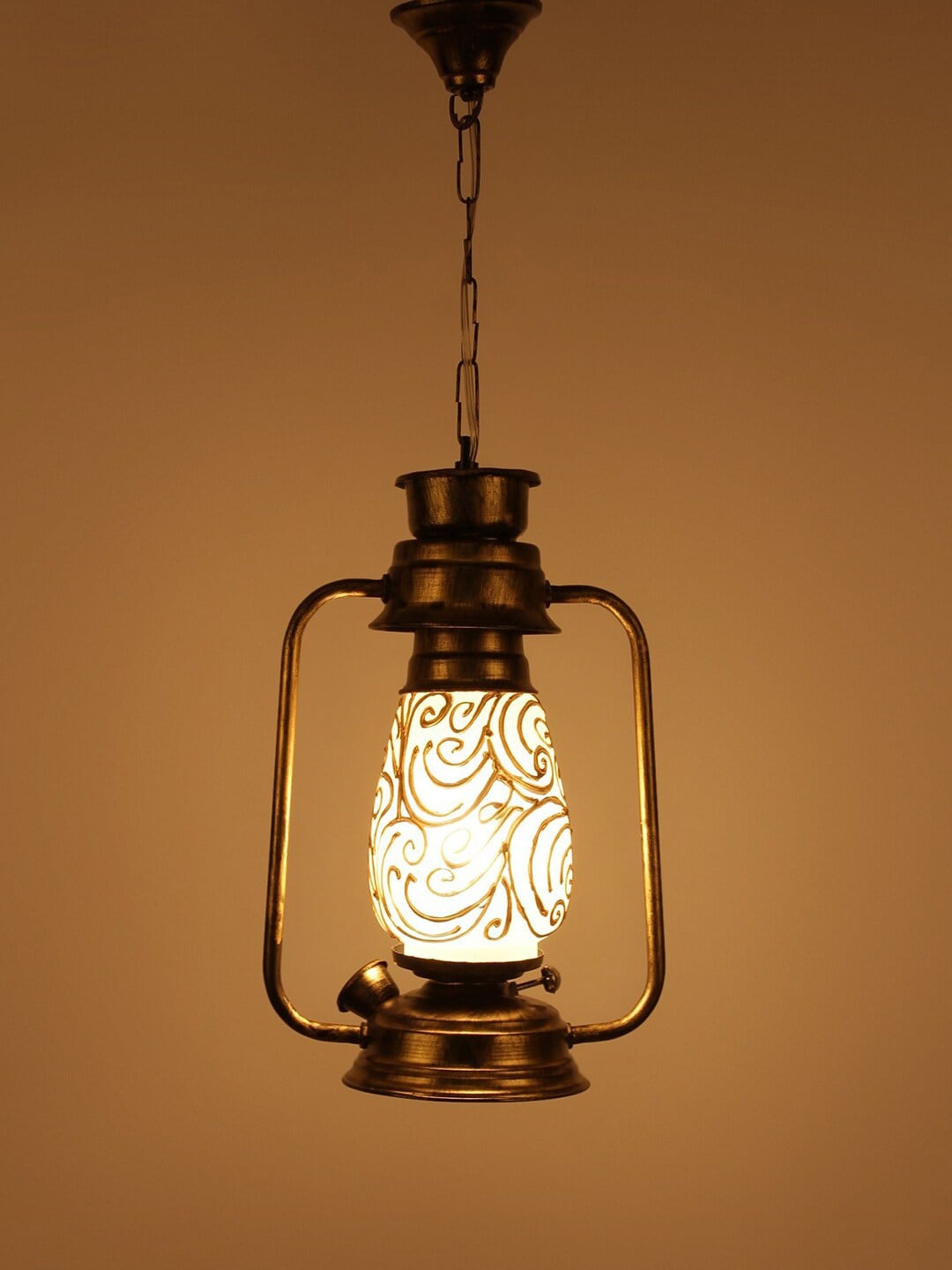 

Devansh Gold-Toned & Off-White Printed Milky Glass Hanging Lantern