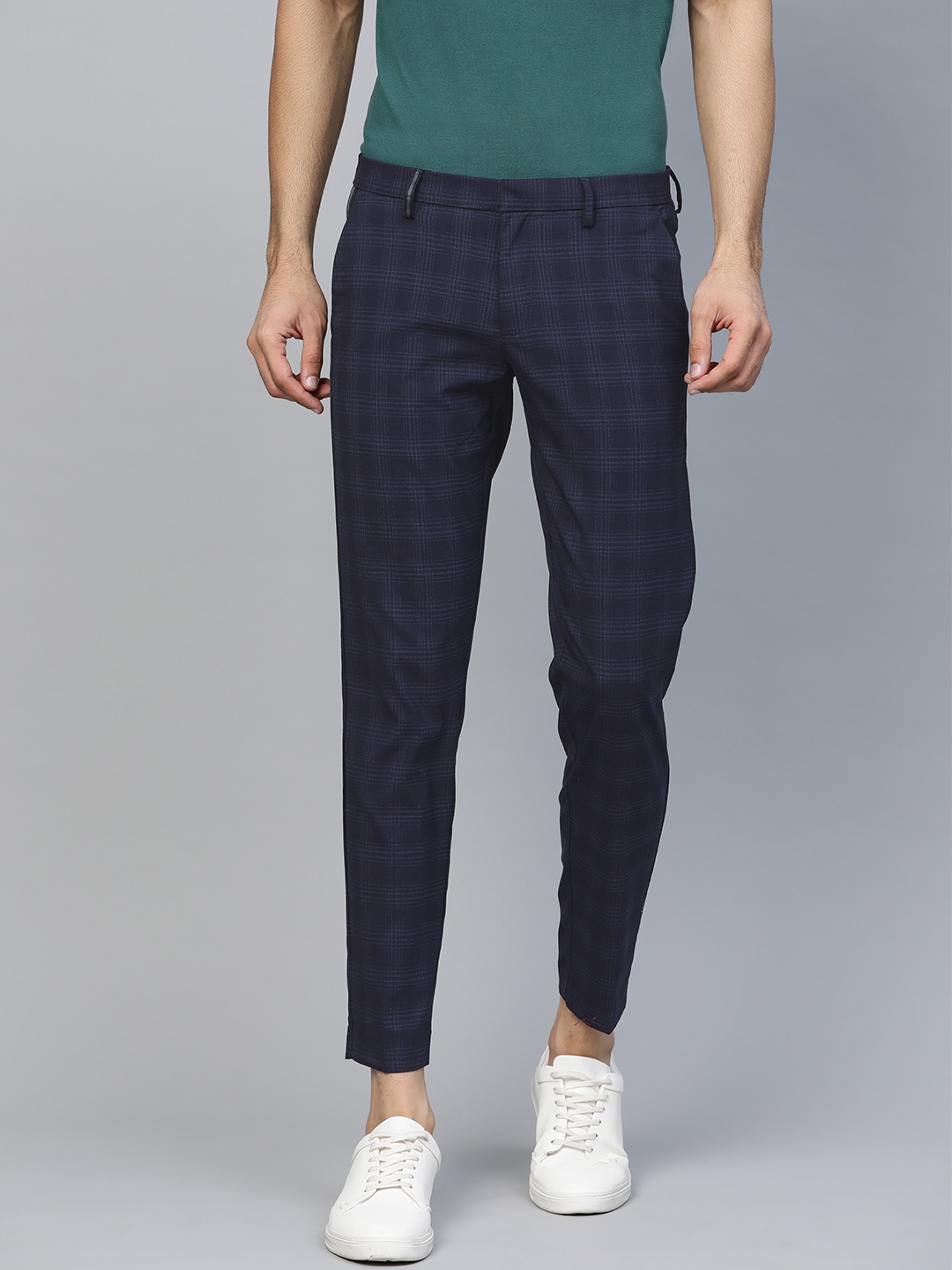 

Allen Solly Men Navy Blue Crop Fit Checked Regular Trousers