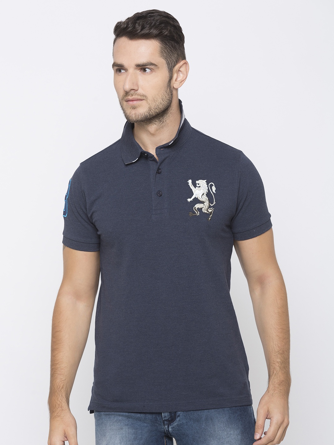 

GIORDANO Men Navy Blue Solid Slim Polo Collar T-shirt
